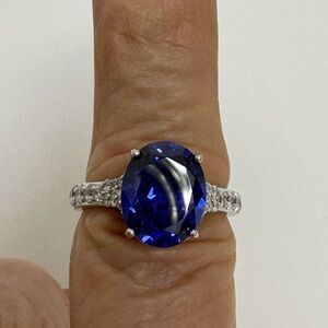 Elegant Blue Crystal and CZ Silver Ring